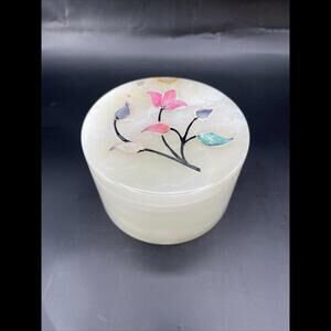 Round Onyx/Marble Trinket/Jewellery Box Mother Of Pearl Inlaid Lid 4" 10cm Gift